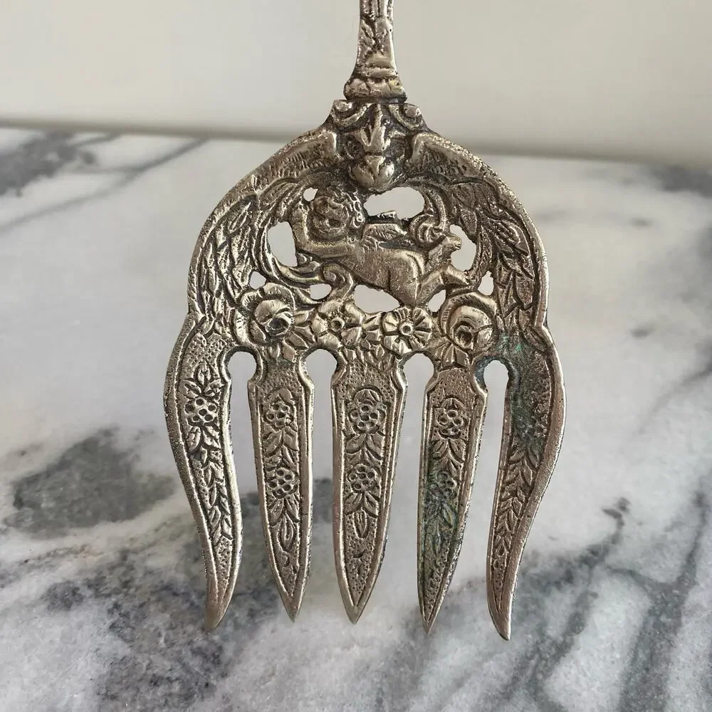 Ugo Bellini Set Of 2 Italian Ornate Metal Serving Fork Spoon Baroque Cherub Lion
